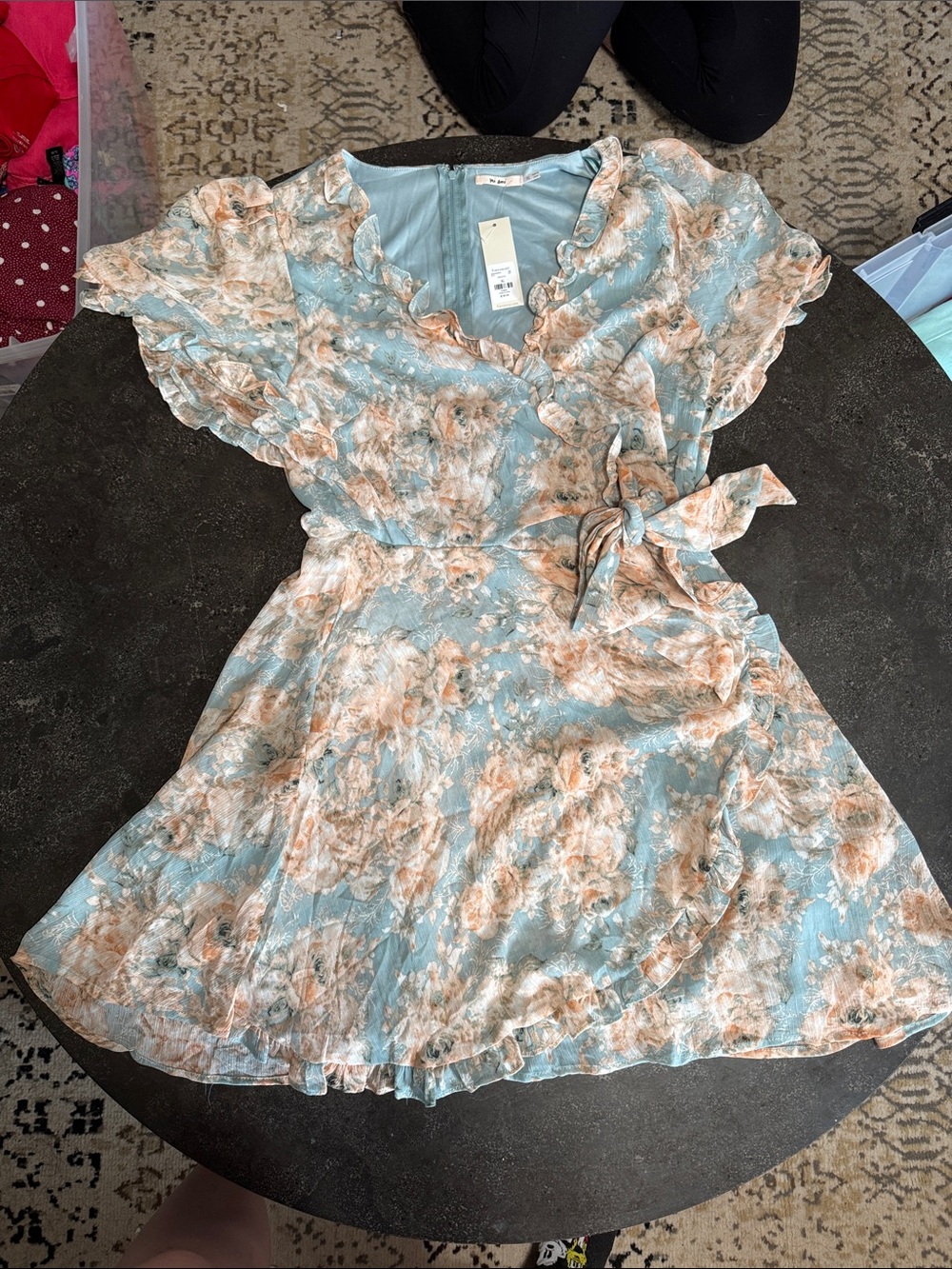 Francesca's Collections Light Blue and Peach Floral Wrap Dress for Girls